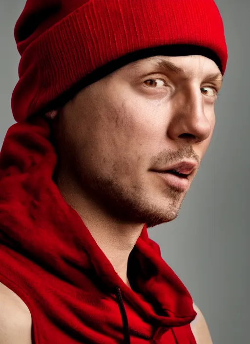 Image similar to portrait of a lithuanian man wearing a red beanie and sleeveless hoodie, gold necklace, highly detailed, realistic, studio quality, studio photo, studio lighting, trending on artstation, sharp focus, 4 k