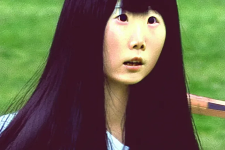 Image similar to a still photo of sadako from the ring movie playing baseball colored