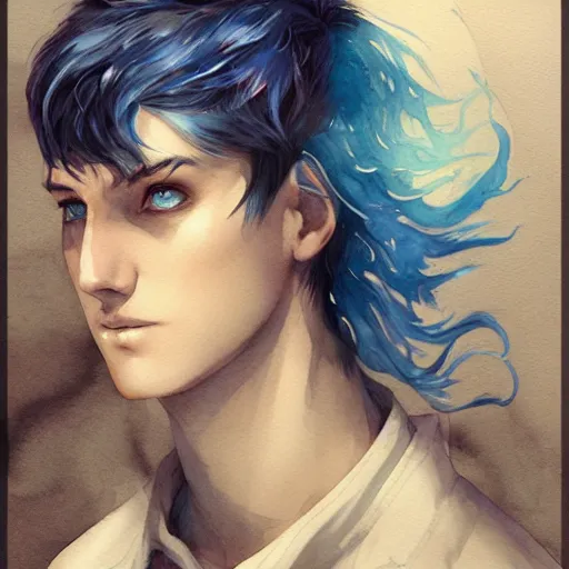 Prompt: teen boy, blue hair, short hair, serious, intricate, ethereal, highly detailed, sharp focus, artstation, watercolor, by charlie bowater and ross tran