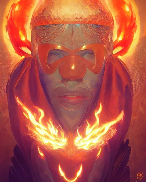 Prompt: happy mask salesman!! from zelda, full body photo, flames everywhere, highly detailed, digital painting, artstation, concept art, smooth, sharp focus, illustration, art by artgerm and greg rutkowski and alphonse mucha