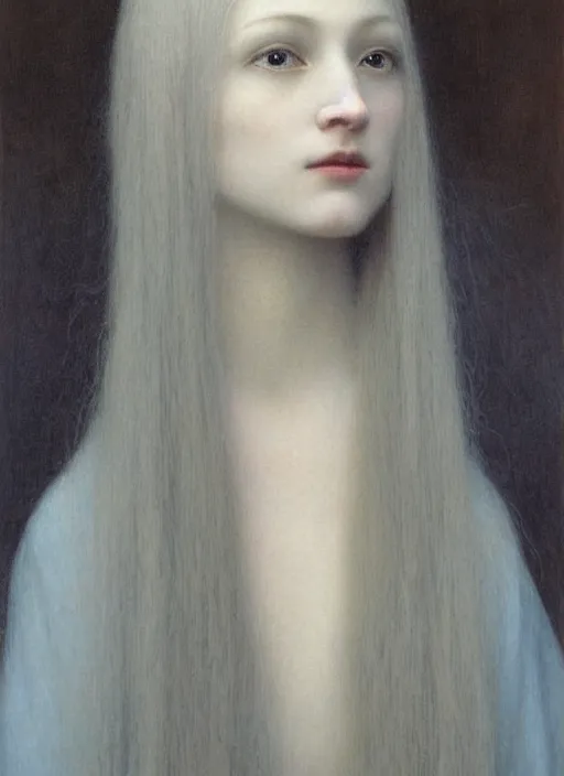 Prompt: thin young girl with silver hair, pale and wan!, wearing robes, petite goddess, flowing hair, pale skin, young cute face, covered!!, oil on canvas by jean delville, 4 k resolution, aesthetic!,