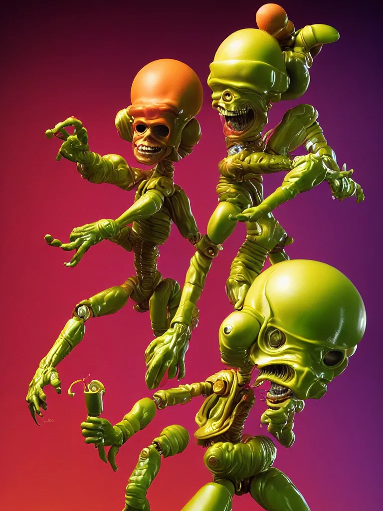 Image similar to hyperrealistic rendering, mars attacks martian by art of skinner and richard corben and jeff easley, product photography, action figure, sofubi, studio lighting, colored gels, rimlight, backlight