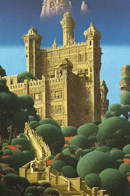 Prompt: ancient carved tower of the moon in its gardens fairytale illustration, elaborate latticed balconies, tall windows, moorish architecture, formal gardens, dramatic cinematic lighting, soft colors, golden age illustrator, unreal engine, by Ludwig Deutsch and William Dyce and April Gornik and (Maxfield Parrish and Nicholas Roerich)