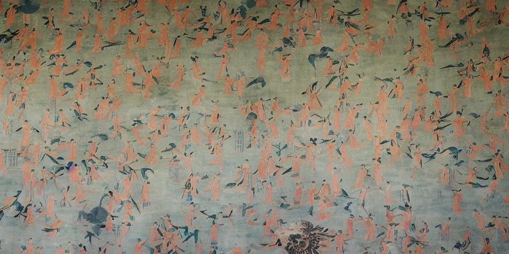 Prompt: gorgeous dunhuang frescoes, flying birds, little girls in white, neatly arranged, gorgeous floral patterns