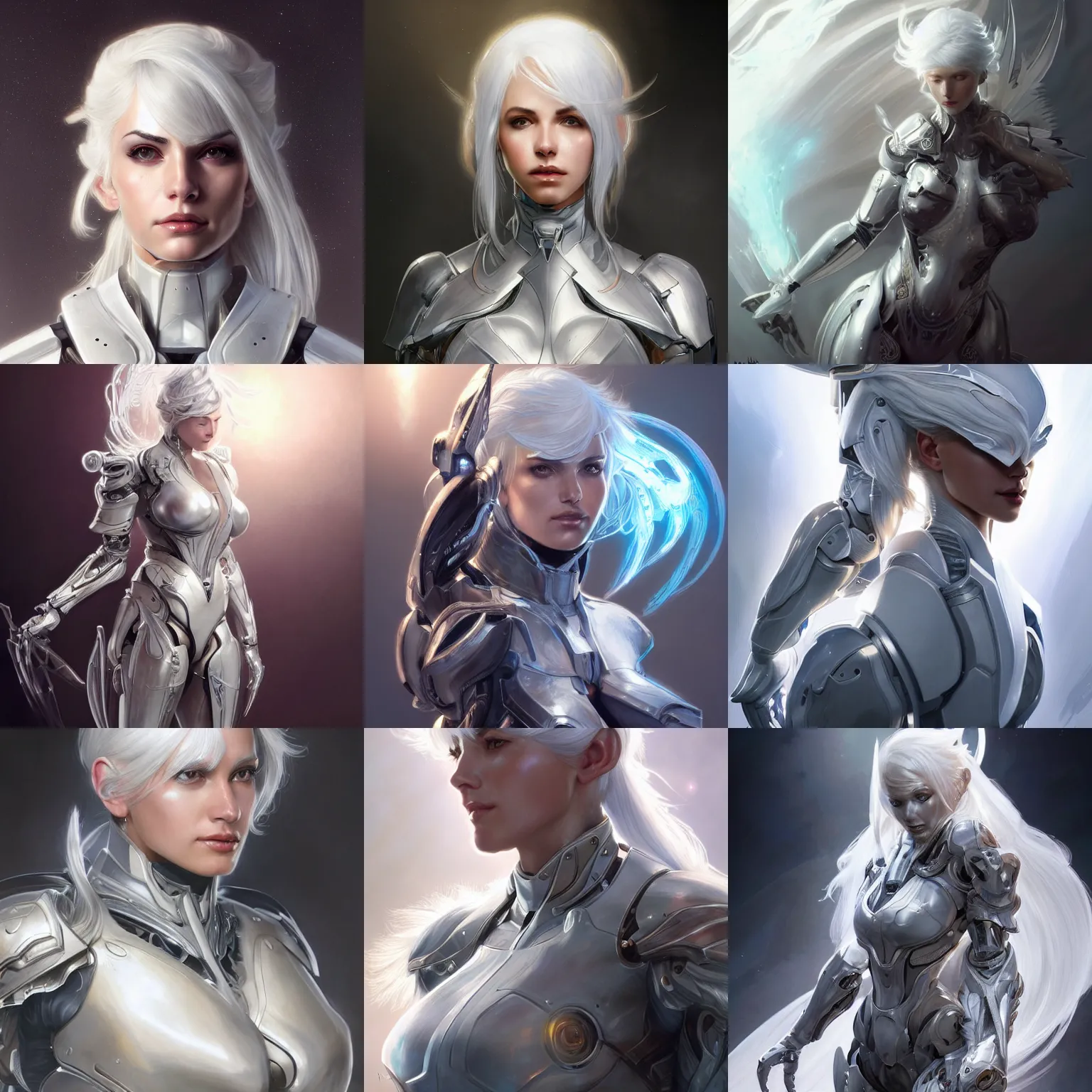 Prompt: ultra realistic illustration, beautiful white haired cyborg girl in warframe armor, lisa ann, intricate, elegant, advanced technology, aura of light, highly detailed, digital painting, artstation, concept art, smooth, sharp focus, illustration, art by artgerm and greg rutkowski and alphonse mucha