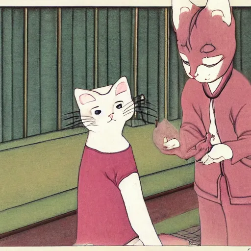 Prompt: the first ever interaction between a cat an human by tsuguharu foujita