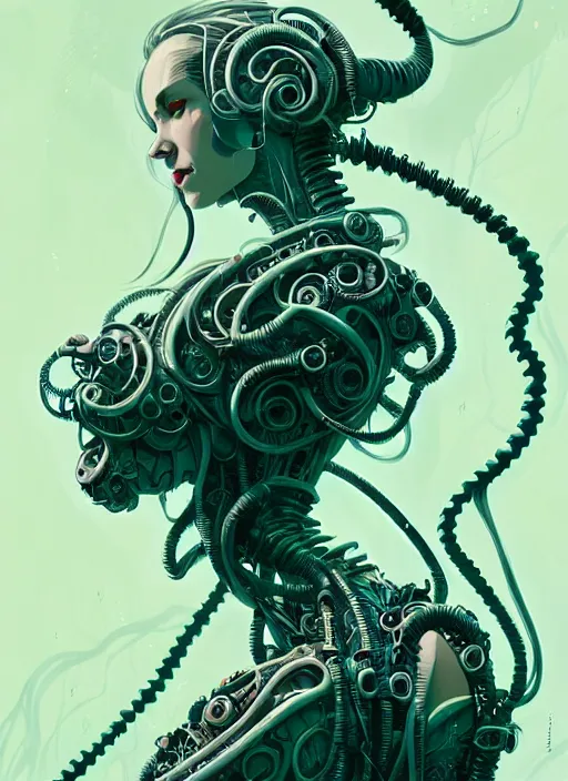Image similar to highly detailed portrait of a biomechanical long curly white hair tribal lady, stray wiring by atey ghailan, james gilleard, by joe fenton, by greg rutkowski, by greg tocchini, by kaethe butcher, 4 k resolution, gradient green, black and white color scheme!!! ( ( forested robotic dense jungle background ) )