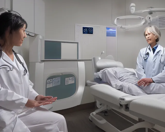 Image similar to The zen environment of the hospital room of the future, in a futuristic spaceship, with calming bright lights and a welcoming Japanese rose pattern wall and a breathtaking wooden floor, a doctor and her patient look at a computer screen showing medical graphs