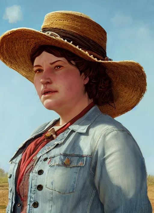 Prompt: highly detailed portrait of chubby woman wearing a white wide brim straw hat and a denim jacket, determined. red dead redemption art, unreal engine, fantasy art by greg rutkowski