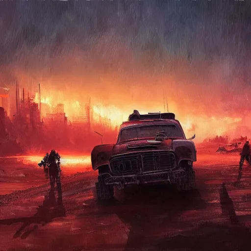 Prompt: post apocalyptic wasteland, mad max, smooth, dreary, oil painting, beautifully detailed, trending on artstation, by alena aenami