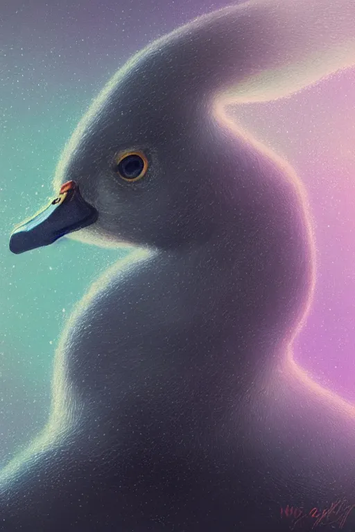 Prompt: scifi duck concept portrait, detailed, sharp focus, pastel, intricate, realistic, smooth, volumetric lighting, digital painting, by miyazaki