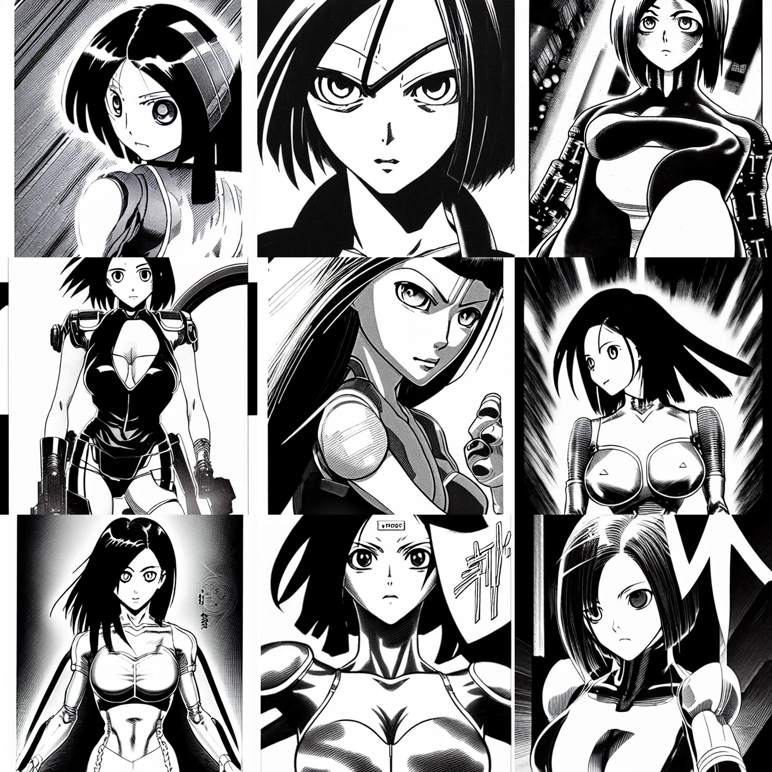 Image similar to alita by yukito kishiro. medium shot. black and white manga.