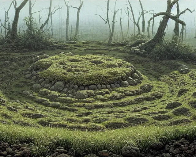 Image similar to a swampy hill landscape with a circle of large stones in the shape of a finger, by ted nasmith