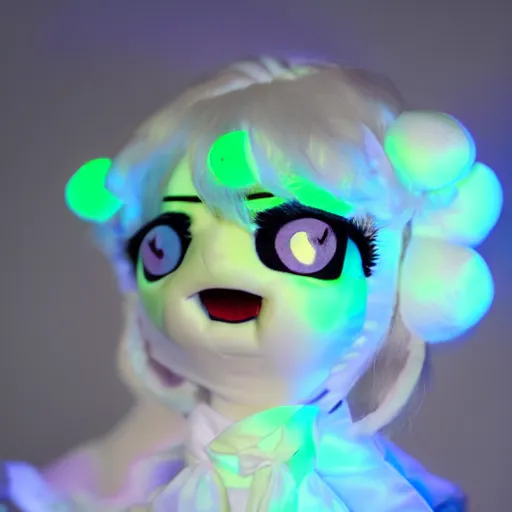 Prompt: cute fumo plush girl who has bioluminescent eyes, jelly glow, emissive bssrdf, pitch black, vray