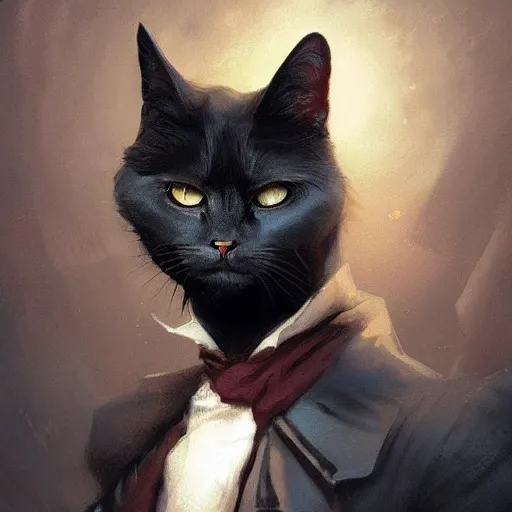 Prompt: portrait, male humanoid cat, monocle over one eye, black fur, pirate, doctor, pirate clothes, d & d, fantasy, intricate, elegant, highly detailed, digital painting, artstation, concept art, matte, sharp focus, illustration, art by artgerm and greg rutkowski and alphonse mucha