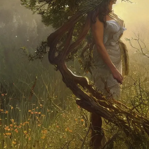 Prompt: a beautiful landscape including a tree of life, a stealthy hunter walking towards a magnificiant deer witha golden antlers, deep focus, intricate, elegant, highly detailed, digital painting, artstation, concept art, matte, sharp focus, illustration, art by artgerm and greg rutkowski and alphonse mucha