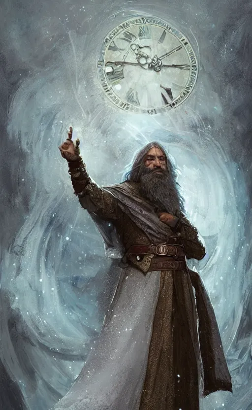 Image similar to portrait of a middle aged elf with a long beard, dressed in a blue cloak with clock iconography, brown hair, raised hand, detailed face, fantasy, highly detailed, cinematic lighting, digital art painting by greg rutkowski