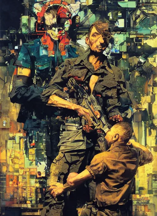 Image similar to unbelivable tension between two people, surreal, vivid colors, painting by Alexander Mandradjiev, part by Yoji Shinkawa, part by Norman Rockwell