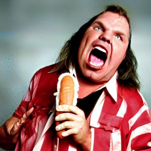 Image similar to meatloaf the singer eating a hot dog