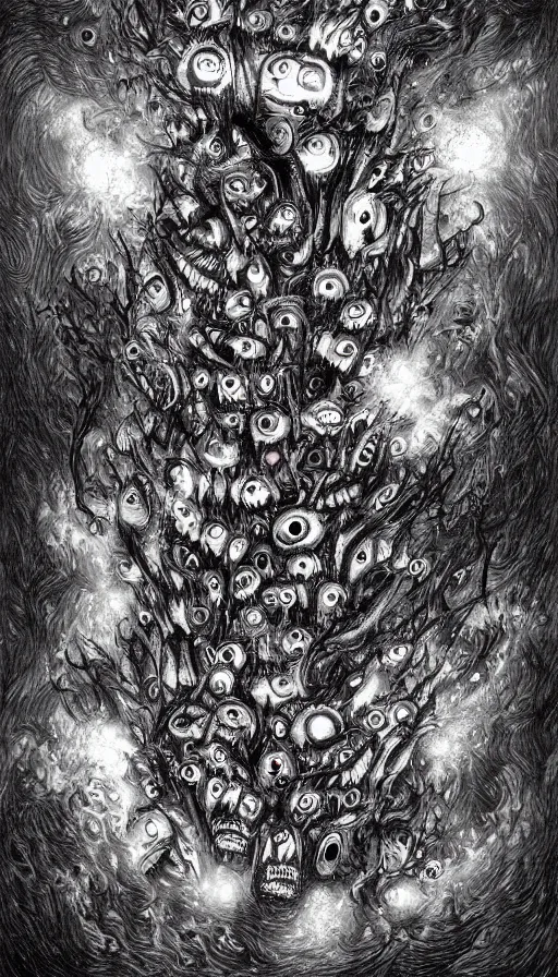 Prompt: a storm vortex made of many demonic eyes and teeth, by jesper esjing
