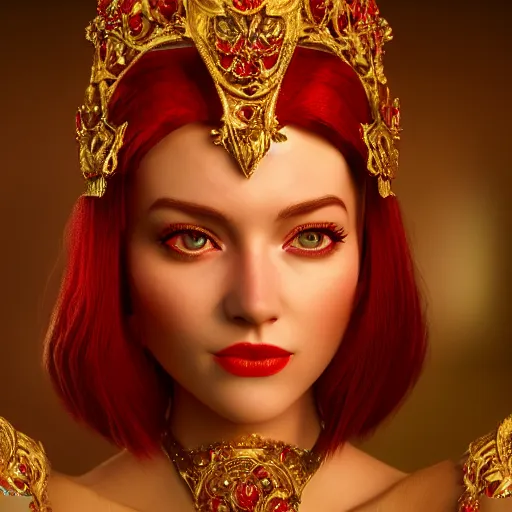 Image similar to portrait of wonderful princess of rubies with fair skin, red hair ornate 8 k gorgeous intricate detailed, accent lighting, dramatic light, octane render