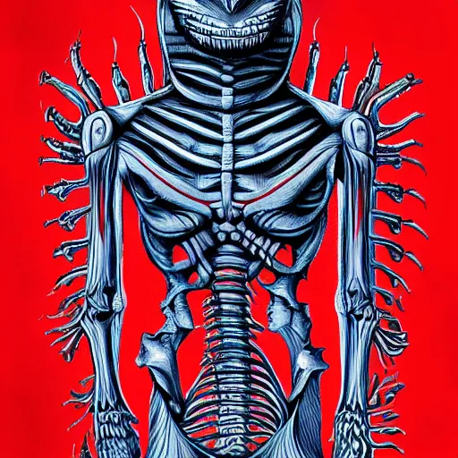 Image similar to anatomically correct diagram of alien, quadruped, h. r. giger, red and blue, 8 feet fall, monstrous, fiendish, high detail, cinematic, wes anderson