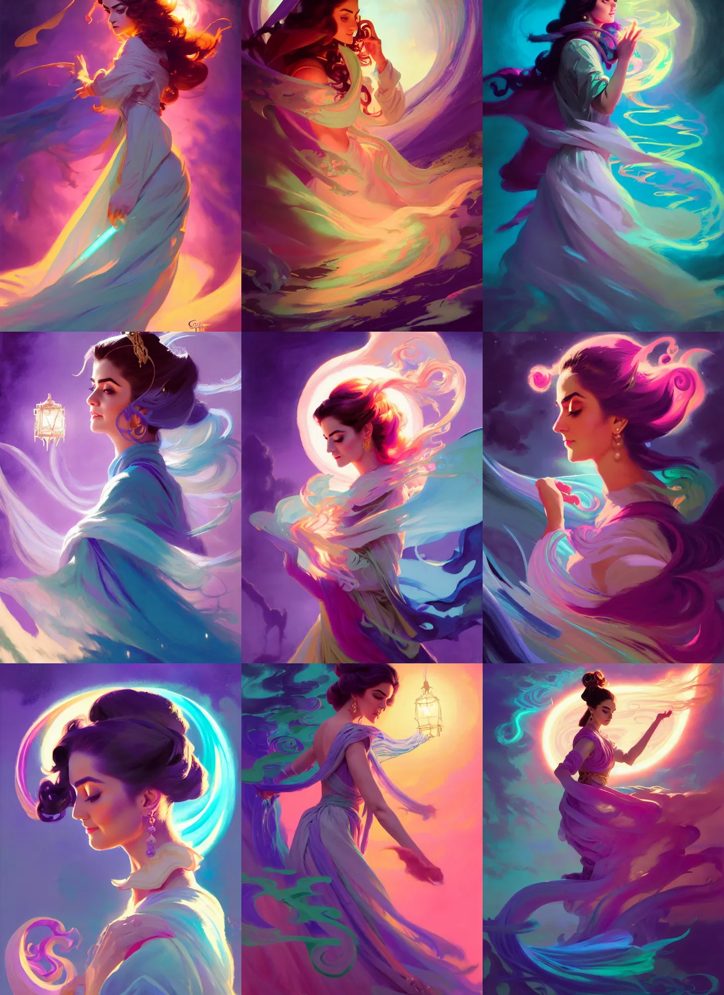 Prompt: side portrait, maya ali, sorcerer, fantasy robe, gloomhaven, luminescent, colorful swirly magic ripples, pastel colors, by greg manchess, huang guangjian, gil elvgren, sachin teng, greg rutkowski, jesper ejsing, ilya kuvshinov