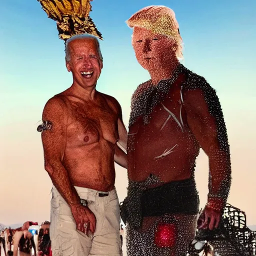 Prompt: a highly very very detailed photo of Joe Biden with attending Burning Man on the Playa with an Anarcho-primitivist Donald Trump survivalist covered in body glitter, very very detailed, photorealism, Photoshop, very coherent, HD