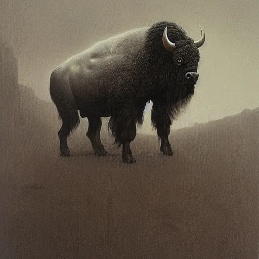 Prompt: bison as a dark souls boss by zdzisław beksiński