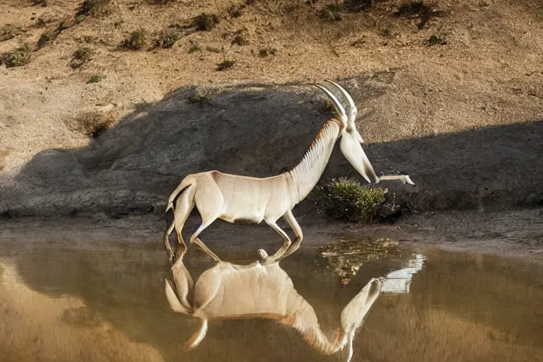 Image similar to ultra realistic nature photography, panoramic picture of ( subject : a beisa oryx drinking at a water hole ). wavy, scattered light entering from the water surface, artstation, focus on the beisa oryx, extremely hyperrealistic crisply sharp oryx, 8 k