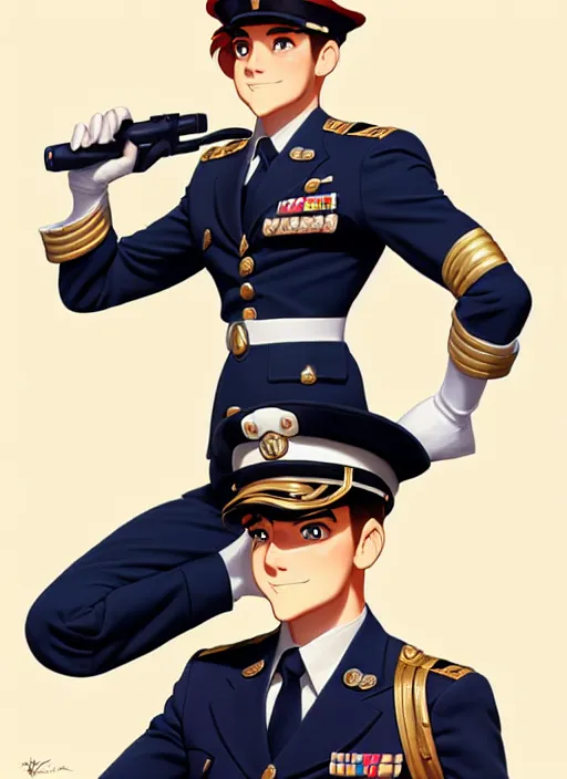 Prompt: cute navy officer dan james, natural lighting, path traced, highly detailed, high quality, digital painting, by don bluth and ross tran and studio ghibli and alphonse mucha, artgerm