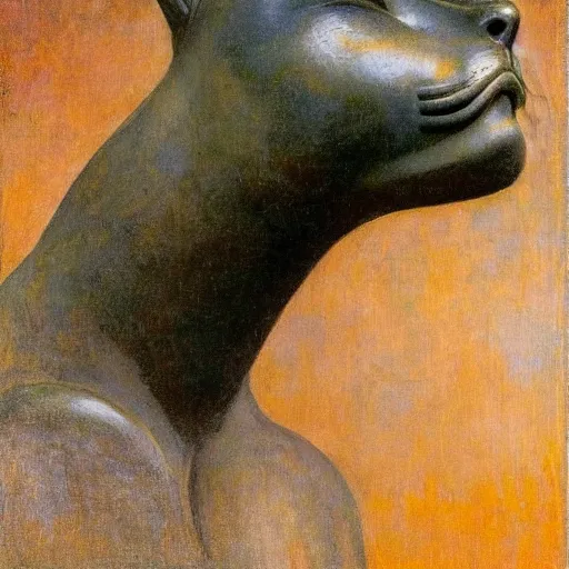 Image similar to masterpiece painting of an ancient bronze sculpture of a mechanical cat head, by annie swynnerton and diego rivera and nicholas roerich and jean delville and charlie bowater, symbolist, dramatic lighting, god rays, elaborate geometric ornament, art brut, rich colors, smooth sharp focus, extremely detailed, adolf wolfli