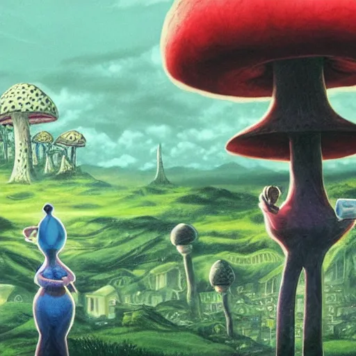 Image similar to A centered chest up portrait of a psychedelic godlike anthropomorphic frog smoking a hand-rolled cigarette smoking heavily , magic mushroom village in background . award winning. superb resolution. in the art style of junji Ito and greg rutkowski . Detailed Mushroom city in background. Hyper realistic anime. Perfect art. Dalle2