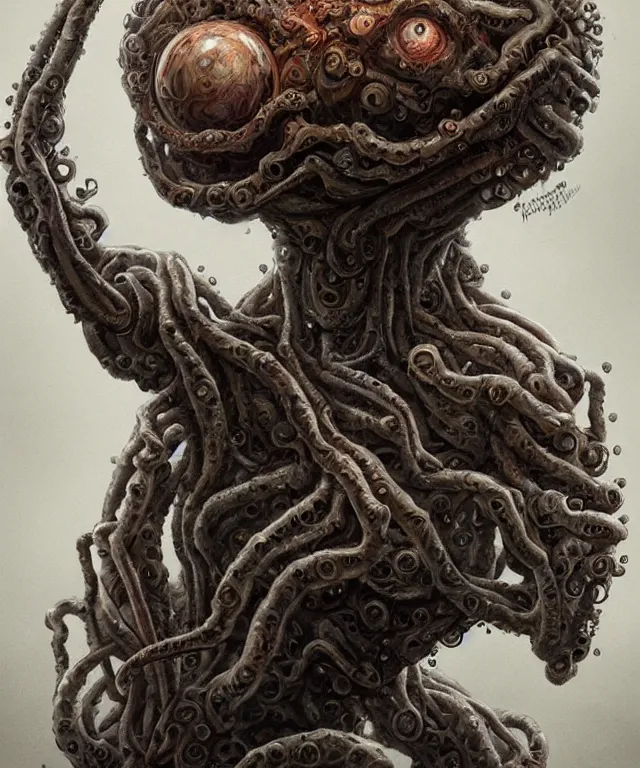 Prompt: hziulquoigmnzhah, head dangling underneath body!!!!, spherical body, elongated arms, short legs, lovecraftian horror!, surrealism, fantasy, intricate, elegant, highly detailed, digital painting, artstation, concept art, matte, sharp focus, illustration, art by keith thompson and christopher lane