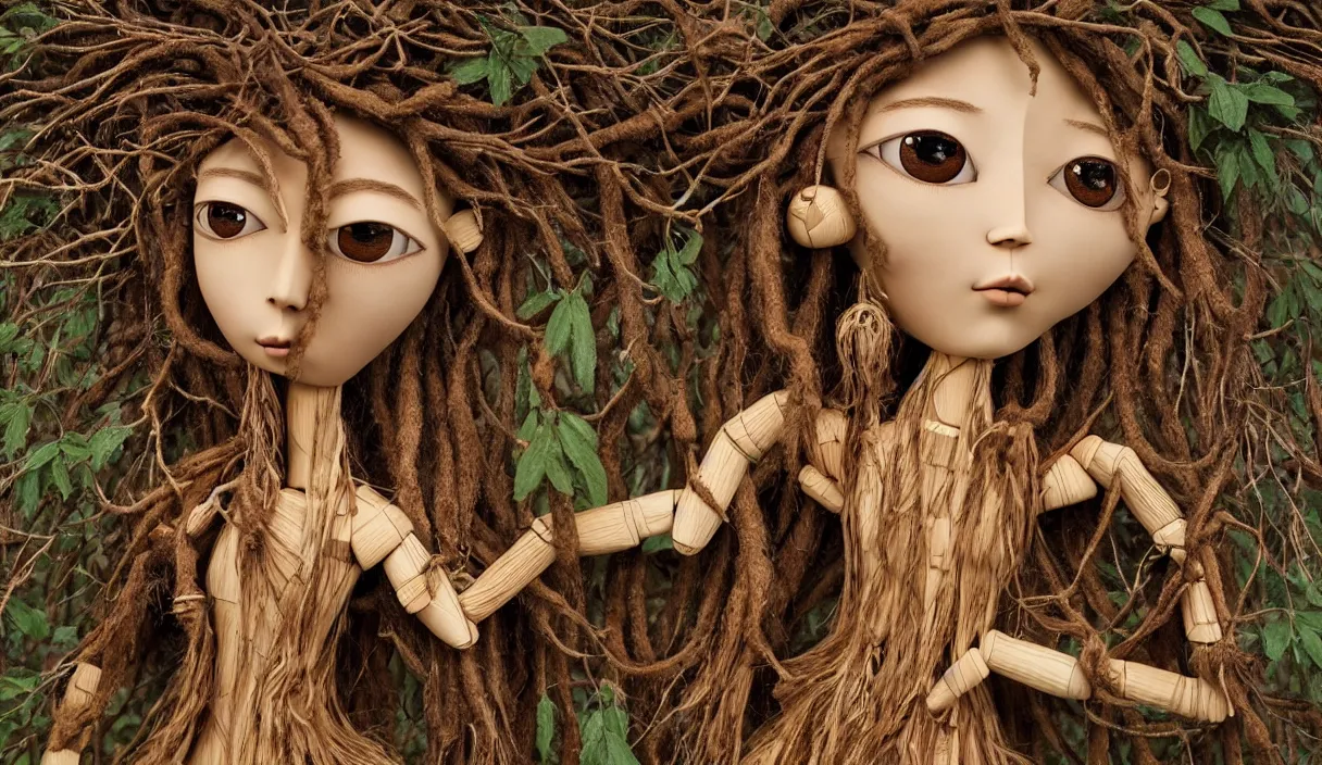 Prompt: a cinematic portrait of a beautiful female jointed handmade wooden art doll, made of wood, dreadlocks with twigs and branches, reaching out to each other, oak trees, oak leaves, acorns, dendritic, ooak, painting by naoto hattori, detailed