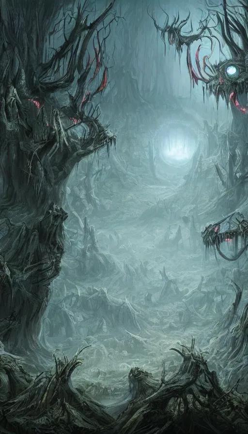 Prompt: a storm vortex made of many demonic eyes and teeth over a forest, by disney concept artists