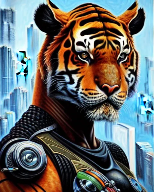 Image similar to a portrait of a muscular anthropomorphic cyberpunk tiger by sandra chevrier, by jon foster, detailed render, pistol in holster, tape deck, epic composition, cybernetics, 4 k realistic, cryengine, realistic shaded lighting, sharp focus, masterpiece, by enki bilal