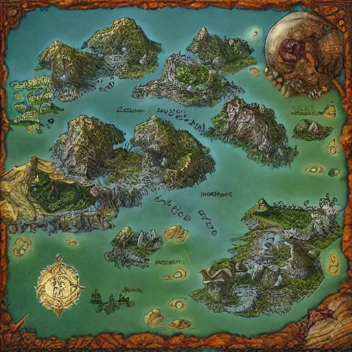 Prompt: an incredibly detailed map of a fantasy world with elaborate biomes and illustrations
