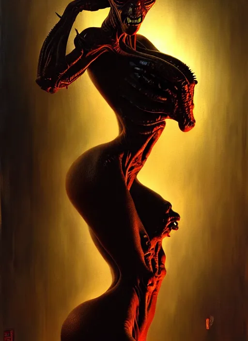 Image similar to ultra realist horror painting of a dimly lit attractive alien female and hellish creature together, very intricate details, focus, curvy figure, 5 0's pin - up pose, model pose, full frame image, artstyle hiraku tanaka and craig mullins, award winning