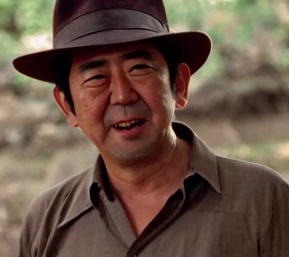 Image similar to a film still of shinzo abe in indiana jones