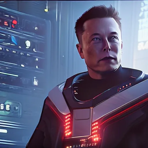 Prompt: a screenshot of Elon musk with cybernetic modifications in cyberpunk 2077 showing the new starship