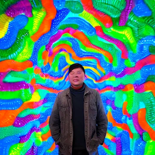 Prompt: a man standing in a tunnel with a colorful background, an abstract sculpture by huang ding, featured on dribble, interactive art!!!!!, made of insects!, biomorphic, irridescent!!