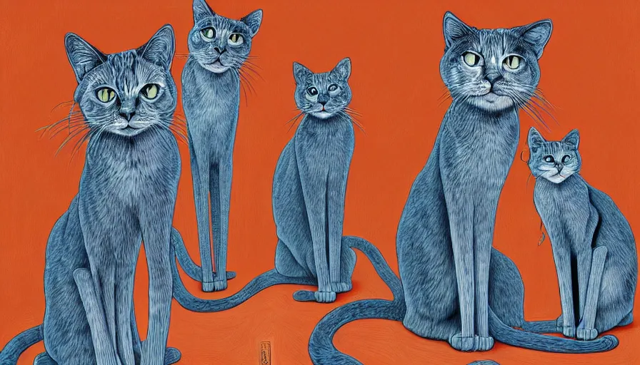 Prompt: artwork of really tall sitting cats by james jean, thick brush, 4 k resolution