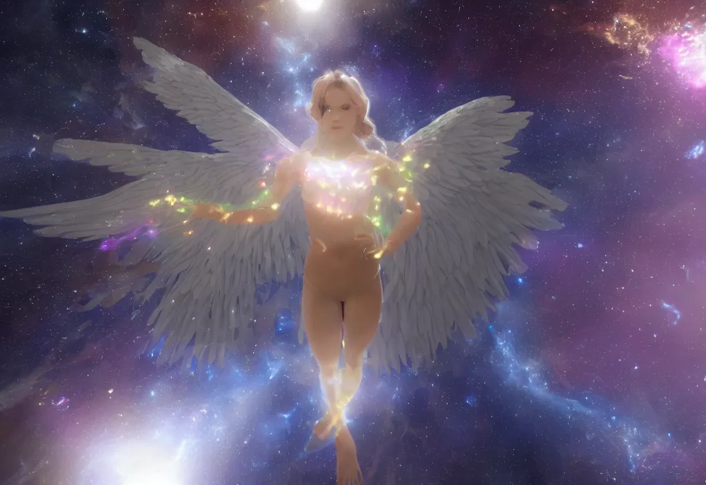 Prompt: a holographic beautiful angel floating in space reflecting the destruction of the universe, intricate unreal engine 5 creation