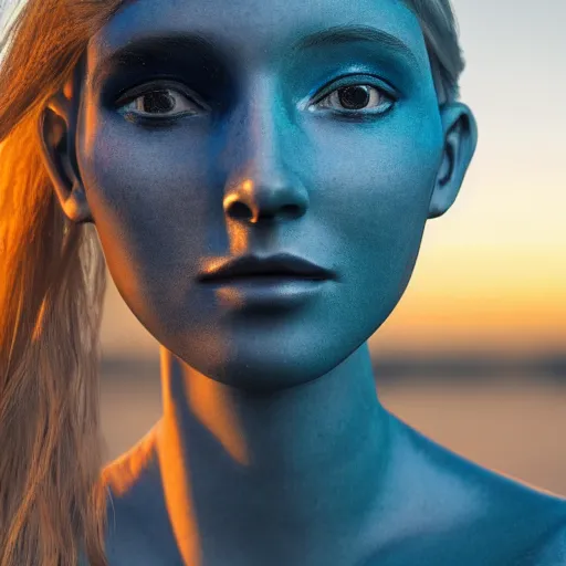 Prompt: beautiful Fine art photography of a solarpunk half robot half human girl with real human face, medium shot, highly detailed, photorealism, sunset lighting 8k