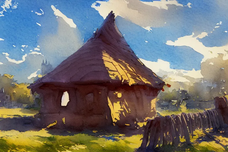 Image similar to small centered on watercolor paper, paint brush strokes, abstract watercolor painting of ancient viking house in city park, daylight, blue sky, cinematic light, national romanticism by hans dahl, by jesper ejsing, by anders zorn, by greg rutkowski, by greg manchess, by tyler edlin