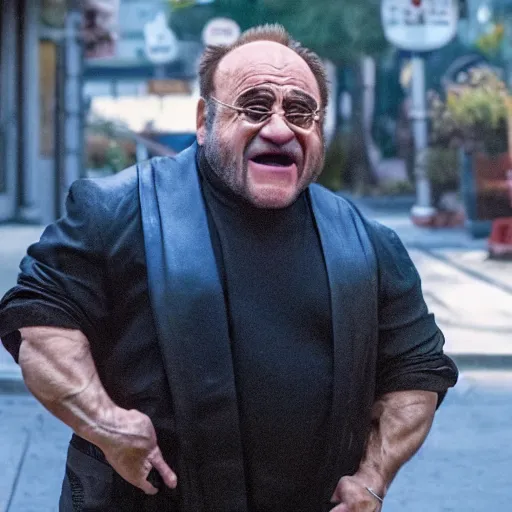 Image similar to movie still of Danny DeVito starring as zangief in the 2026 live action street fighter movie