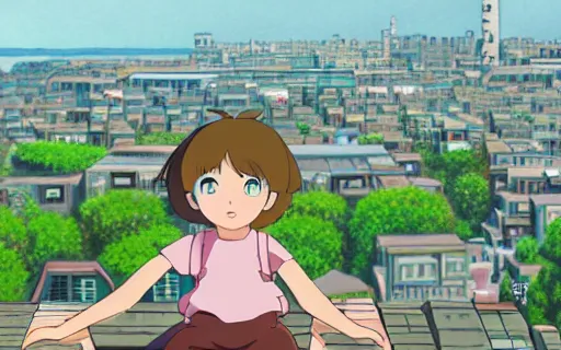 Image similar to a girl sitting on the roof of a building eating a sandwich, zoomed out, wide shot, far away, art by hayao miyazaki, studio ghibli film, hi res, 4k, high detail