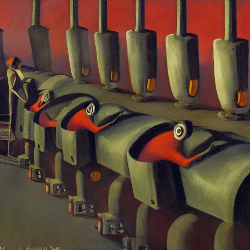 Image similar to drab human slaves on a conveyor belt, giant steel teeth, guarded by fascist robot overlords, brutalist facility, dystopian, pj crook, edward hopper, oil on canvas