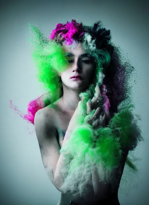 Prompt: a dramatic lighting photo of a beautiful young woman with cotton candy hair. paint splashes. moody, melanchonic. with a little bit of green and black